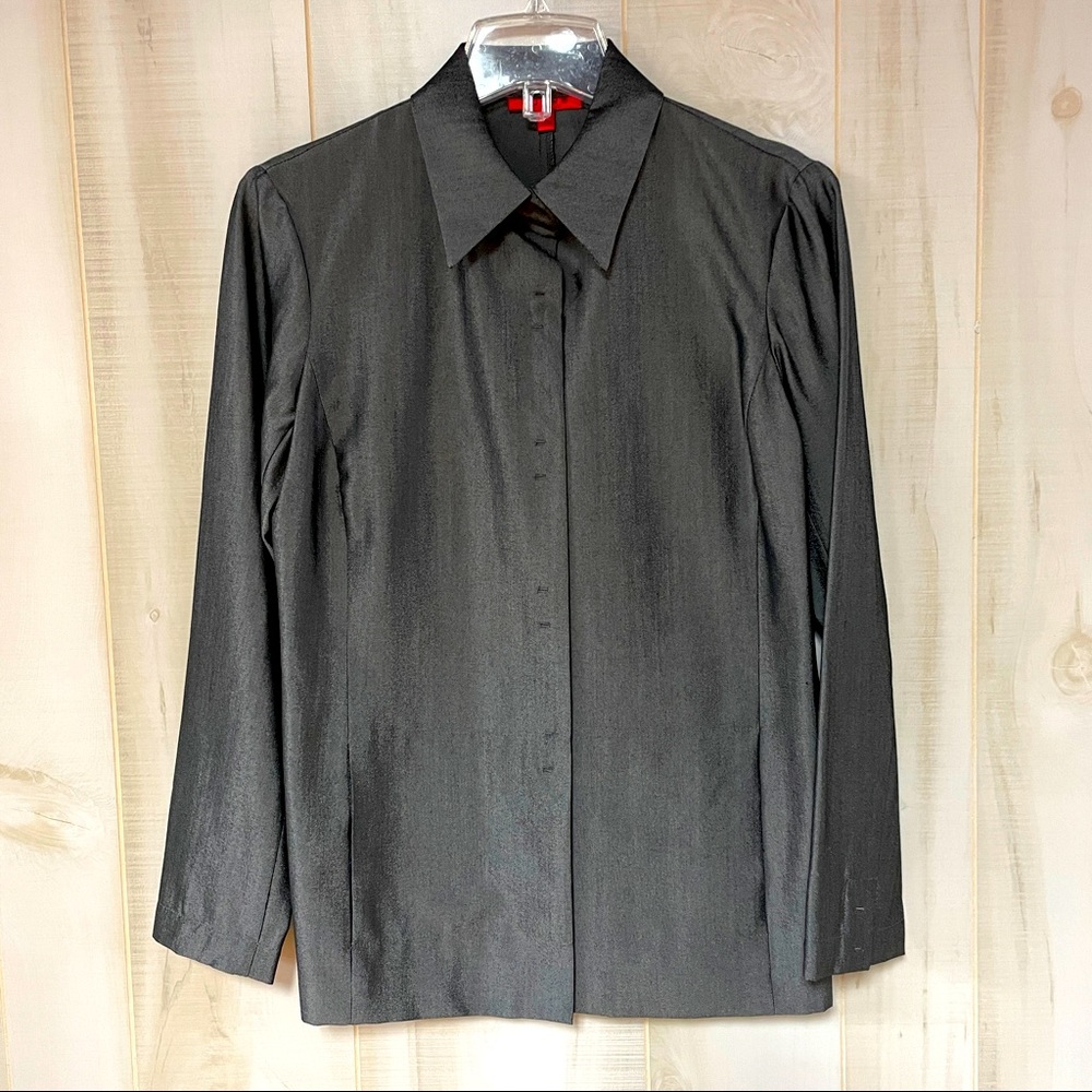 Burns Charcoal Gray Shiny Metallic Snap Button Shirt Sz 2 Wool Blend